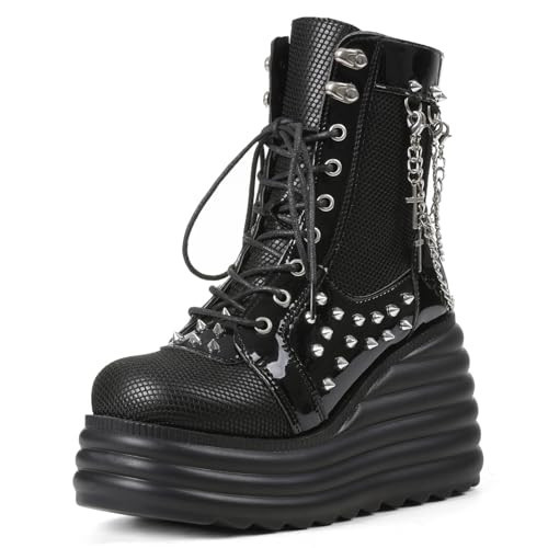 Lyrisiphy Women's Gothic Ankle Boots Black Platform Combat Boots with Punk Chains & Studs Lace Up Wedge Boots for Womens Rave Festivals Halloween | Amazon (US)