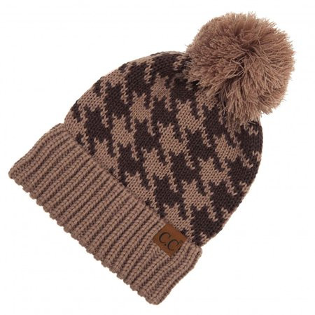 C.C Houndstooth Knit Pattern Pom Beanie Brown | Walmart (US)