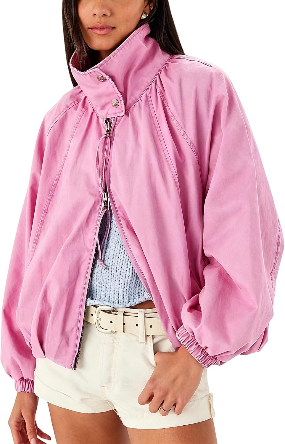 Women Oversized Bomber Jacket Cotton Funnel Neck Zip Up Batwing Sleeve Fall Outerwear Acid Washed Coats Casual Outfits | Amazon (US)