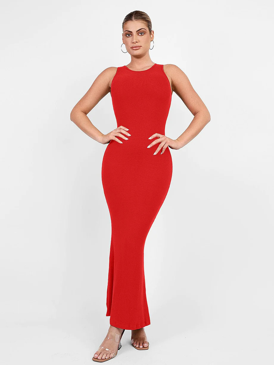 Built-In Shapewear Crew Neck Sleeveless Maxi Lounge Dress | Popilush