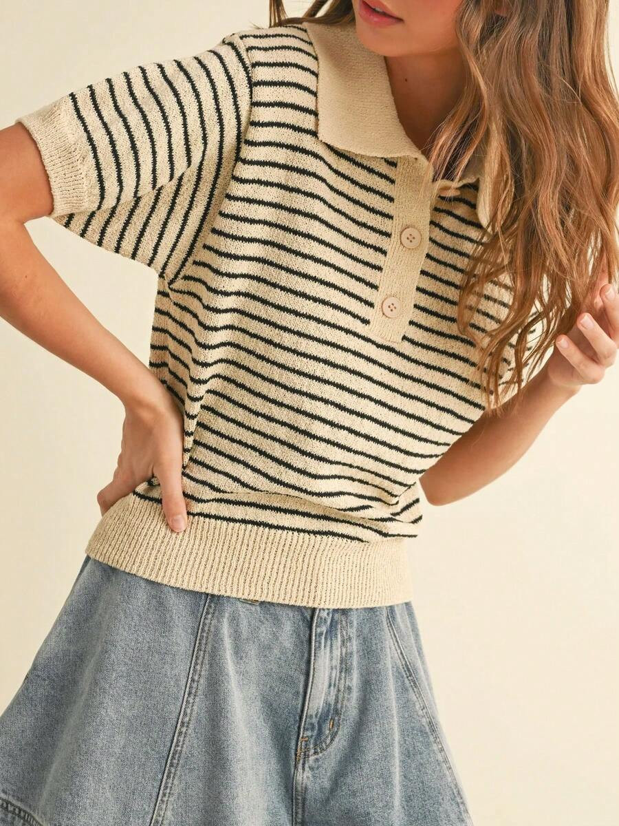 Striped Front Button Knit Sweater With Contrast Color Trim And Collar | SHEIN