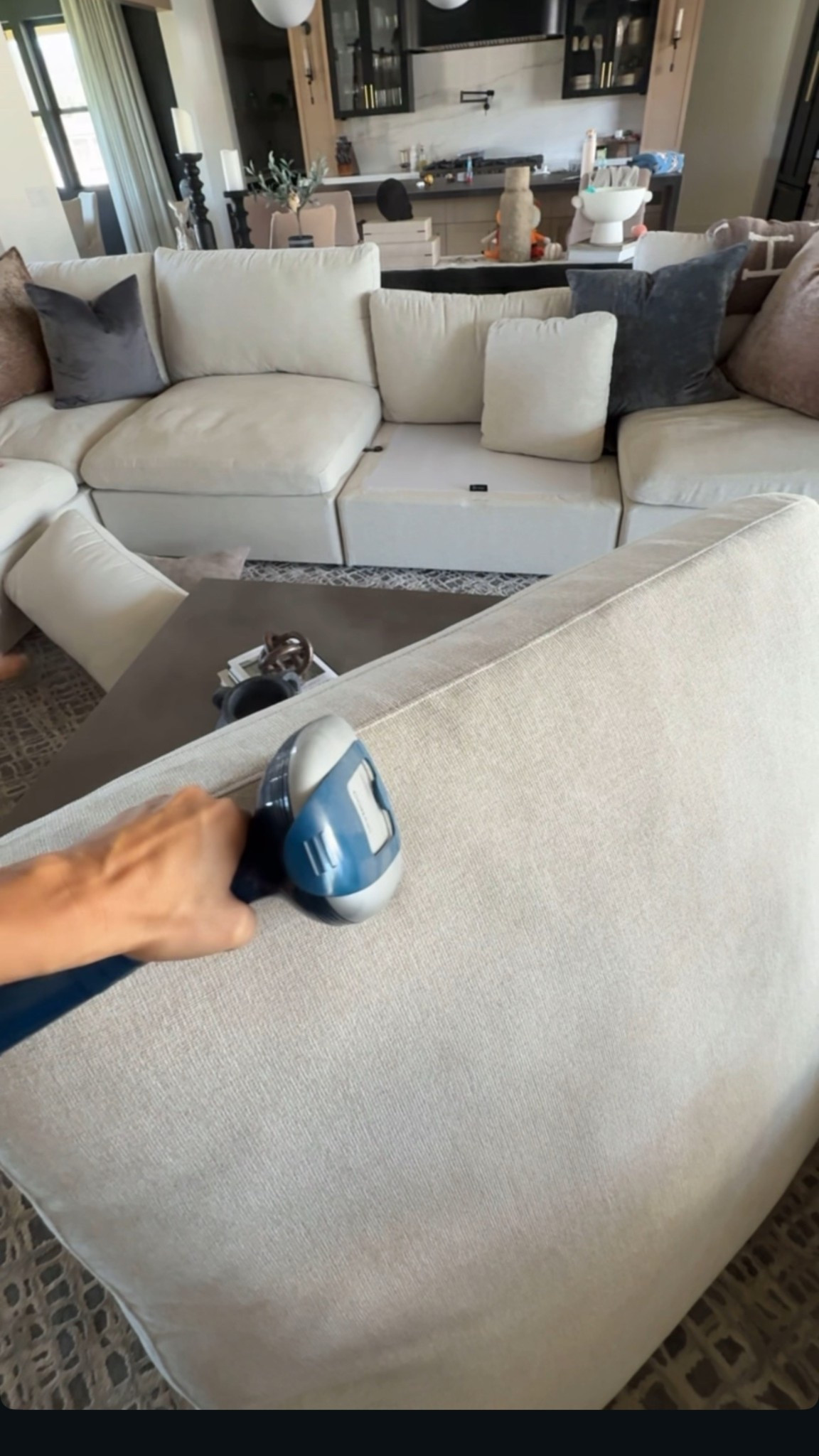 Steamer we use on our couches to get fine lines out. Even for our clothes. Brand is con air