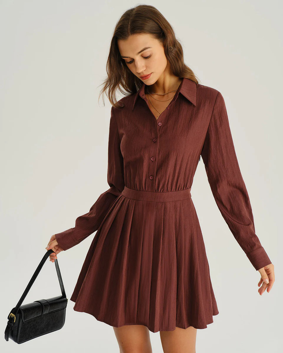 Brick Red A-Line Pleated Mini Dress | rihoas.com