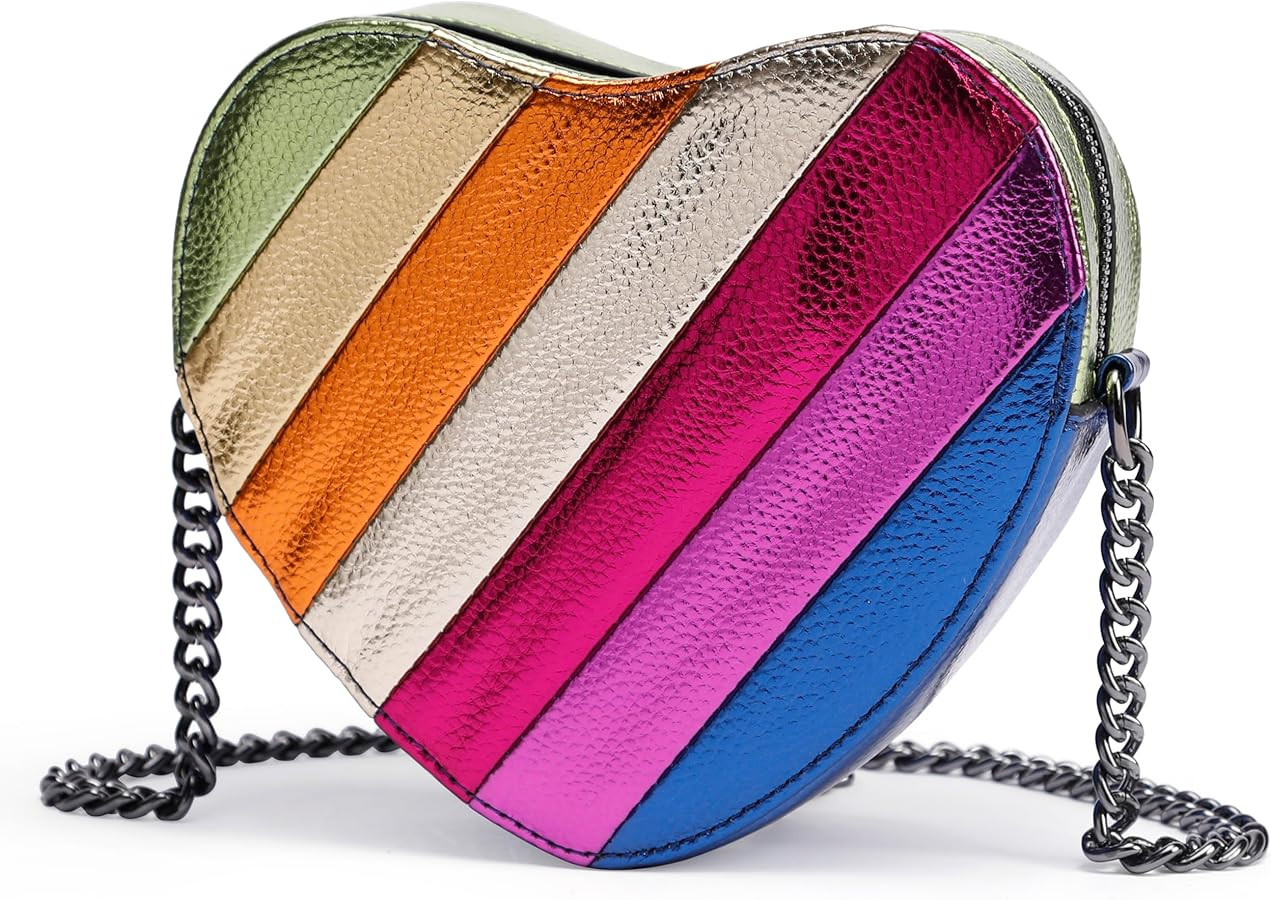 Rejolly Rainbow Stripe Heart Shaped Purse for Women Crossbody Bag Metallic PU Leather Shoulder Ba... | Amazon (US)