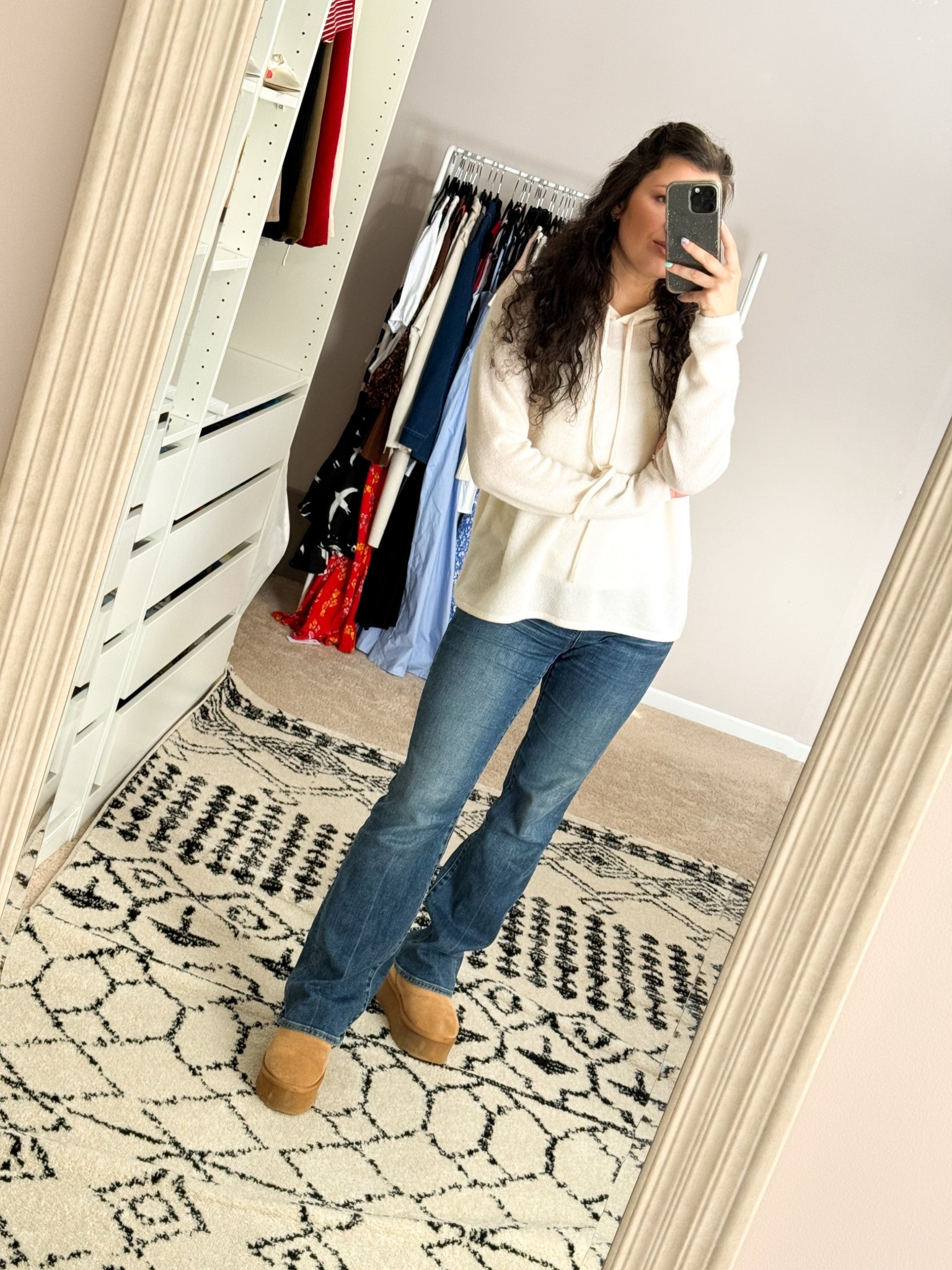 Cold weather #ootd. Cashmere hoodie and platform Ugg dupes 

#LTKSeasonal #LTKootd