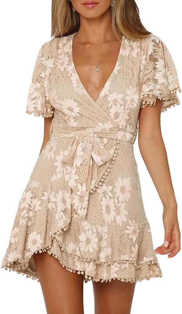 Itsmode Womens Floral Wrap Lace Dresses V Neck Short Sleeve Ruffle High Waist Mini Dress | Amazon (US)