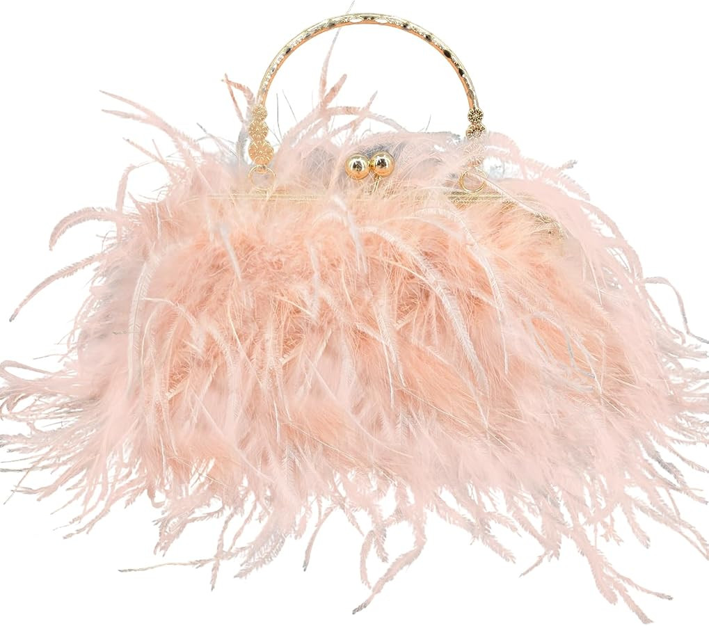 LVCOMEFF Natural Feather Purse Evening Handbag with Golden-handle Elegant Vintage Fluffy for Part... | Amazon (US)