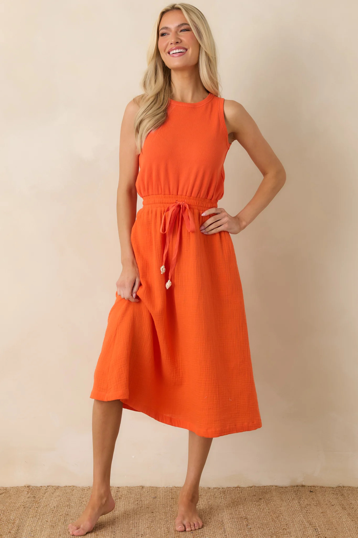 Paradisa Bonita Orange Cotton Sleeveless Midi Dress | Red Dress