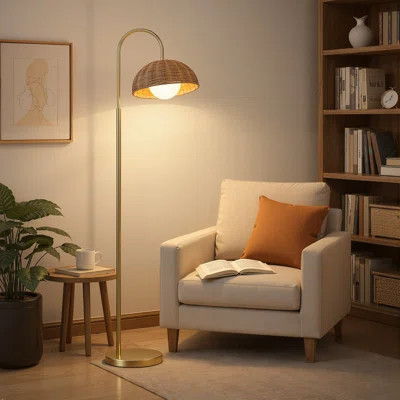 64" Coastal Rattan Floor Lamp With Adjustable 30° Swivel Head And Polished Gold Finish For Living Room And Bedroom | Wayfair North America