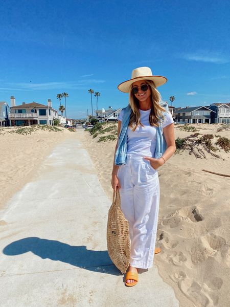 White linen trousers and a rancher hat for a spring beach outfit  

#LTKunder100 #LTKSeasonal #LTKsalealert