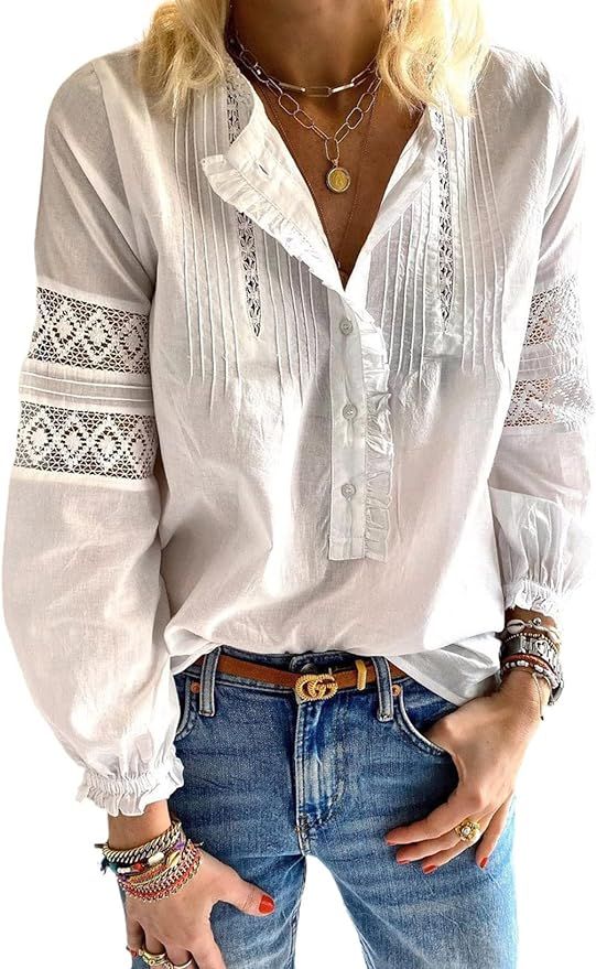 Dokotoo Women's Casual Boho Lace Crochet Flowy V Neck Tops Long Sleeve T Shirt Blouses | Amazon (US)