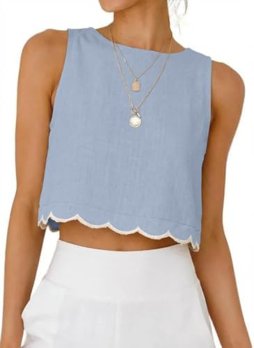 IDEALSANXUN Womens High Neck Linen Tank Tops Spring Summer Scallop Hem Cropped Sleeveless Shirts ... | Amazon (US)
