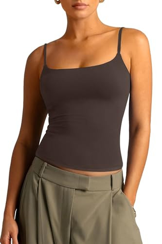 SUUKSESS Women Contton Double Layer Unpadded Camisole Tank Summer Square Neck Going Out Tops Sleeveless Basic Tee (Dark Brown, X-Small) | Amazon (US)