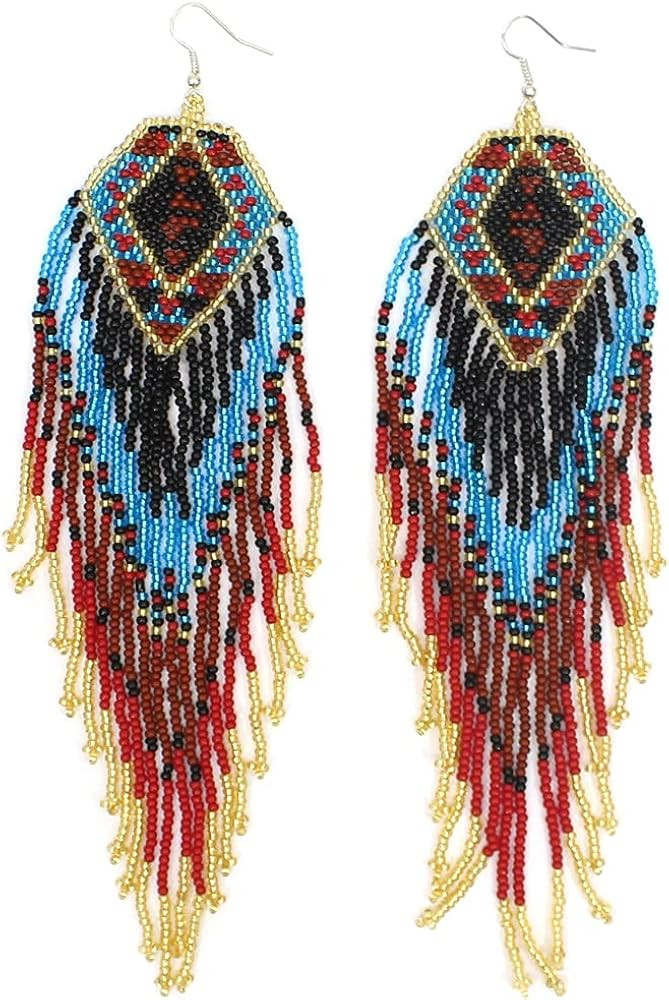 Handmade Southwestern Geometric Pattern Glass Seed Beaded Big Earrings | Amazon (US)