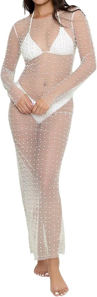 Women's Sexy Sheer Mesh Pearl Rhinestone Cover Up Maxi Dress Summer Beach Swimwear Bikini Bathing... | Amazon (US)