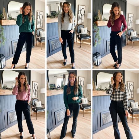Holiday looks from Gap Factory!

Green sweater - medium 
Velvet pants - small tall 
Grey mock neck top - small
Burgundy top - small
Pink satin top - xs 
Plaid top - small 
Flare pants - 4 long 