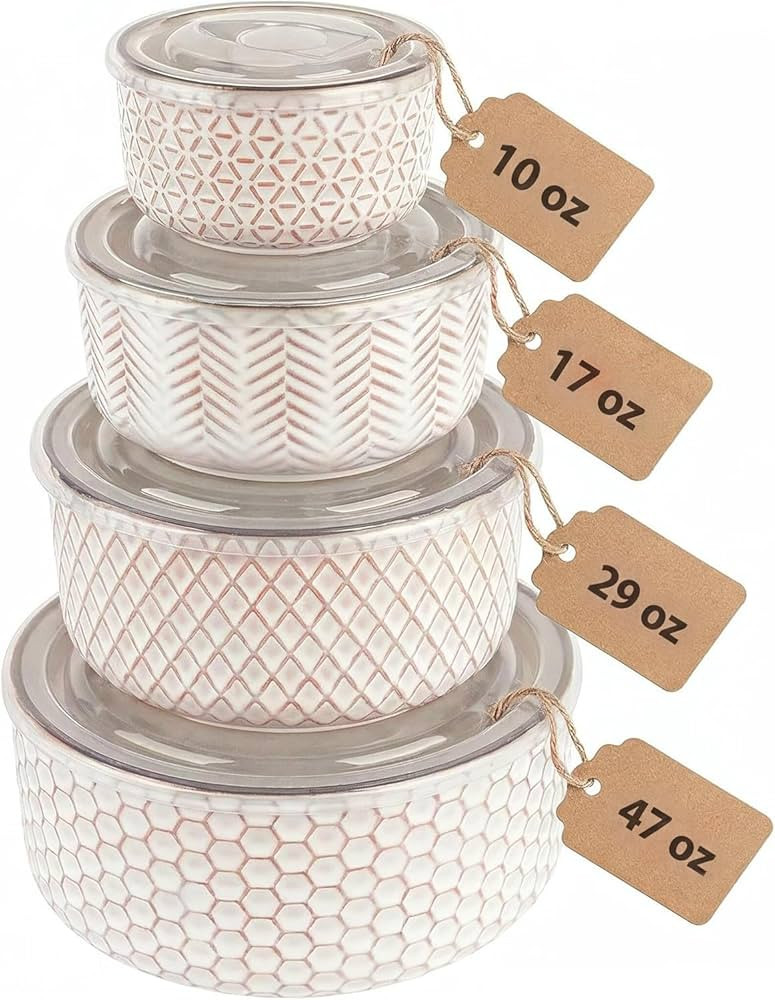 KooK Serving Bowls, with Lids, Ceramic Nesting Bowls, Set of 4, Embossed, Kitchen, Prep, Stackable, Gift, Microwave and Dishwasher Safe, 10/16/29/47 oz, Narbonne Collection (Ivory) | Amazon (US)
