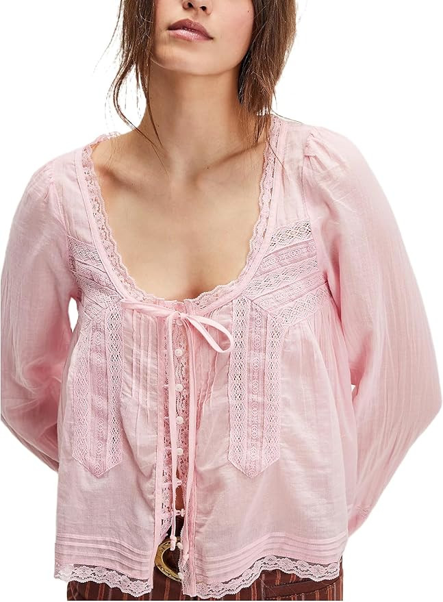 Women Lace Tie Front Top Y2k Coquette Long Sleeve Button Up Chiffon Cardigan Flowy Boho Peplum Sh... | Amazon (US)