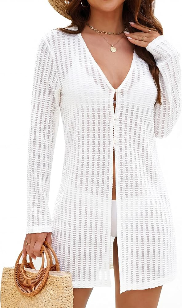 Blooming Jelly Womens Swimsuit Coverup Textured Bathing Suit Cover Up Swimwear Button Down V Neck... | Amazon (US)