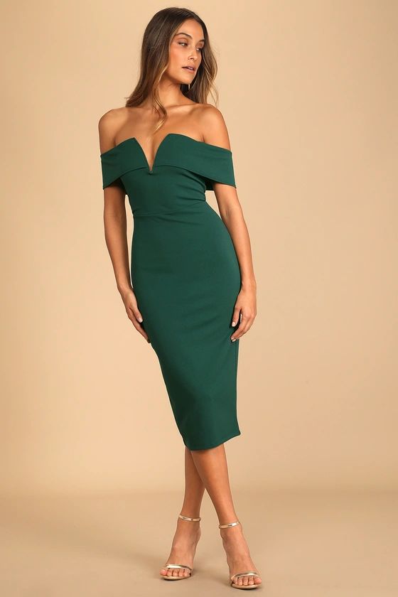 My Favorite Night Dark Green Off-the-Shoulder Bodycon Midi Dress | Lulus (US)