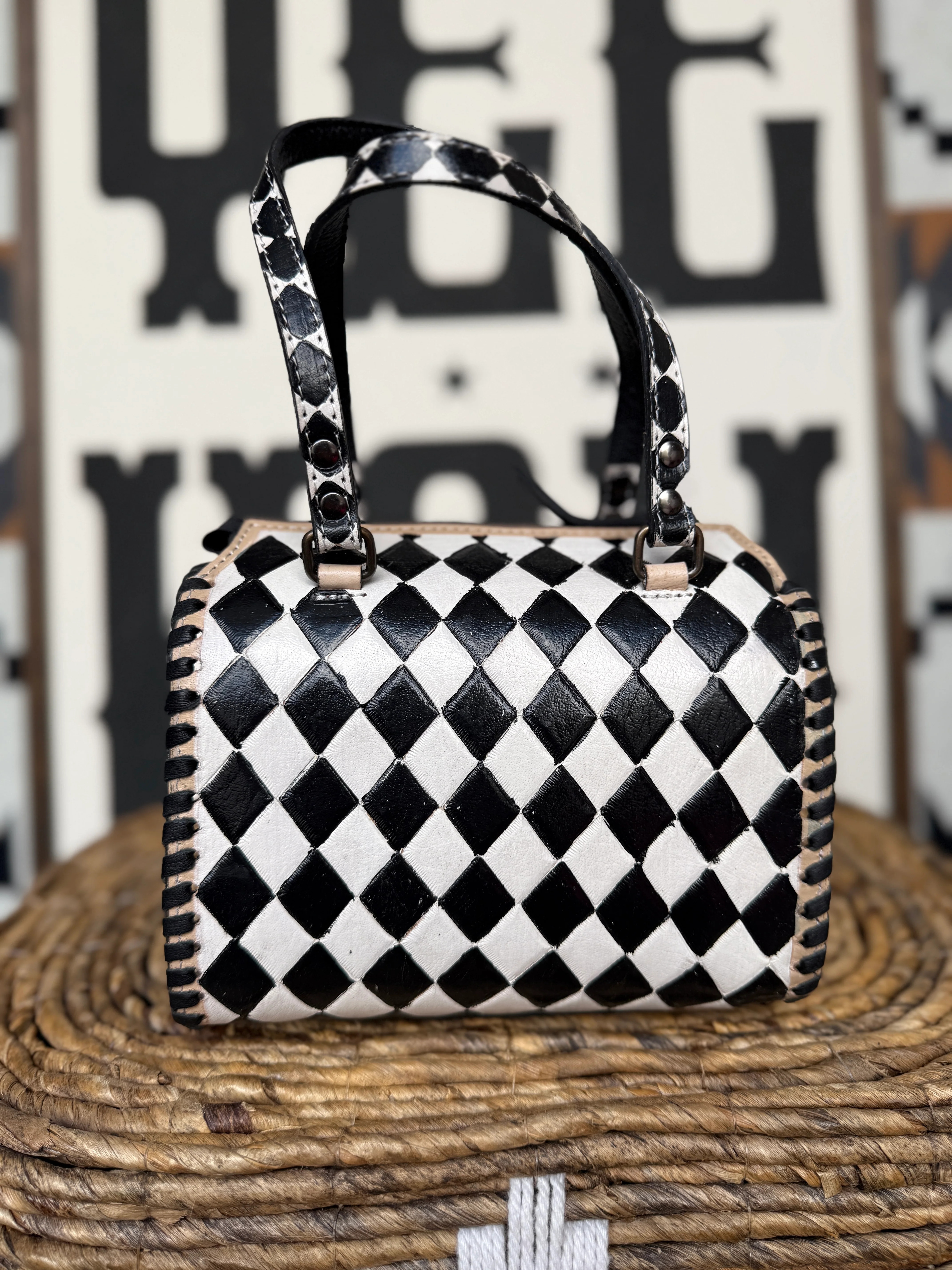 Hand-Painted Genuine Leather Black & White Checkered Speedy Style Bag | Dani Morgan's Boutique