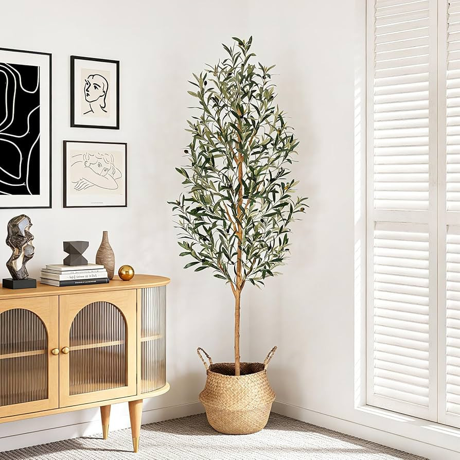 Kazeila 6FT Olive Trees Artificial Indoor, Faux Olive Tree with Natural Wood Trunk, Lifelike Fake Plant with Seagrass Basket Included, Realistic Artificial Plants for Home Office Living Room Decor | Amazon (US)