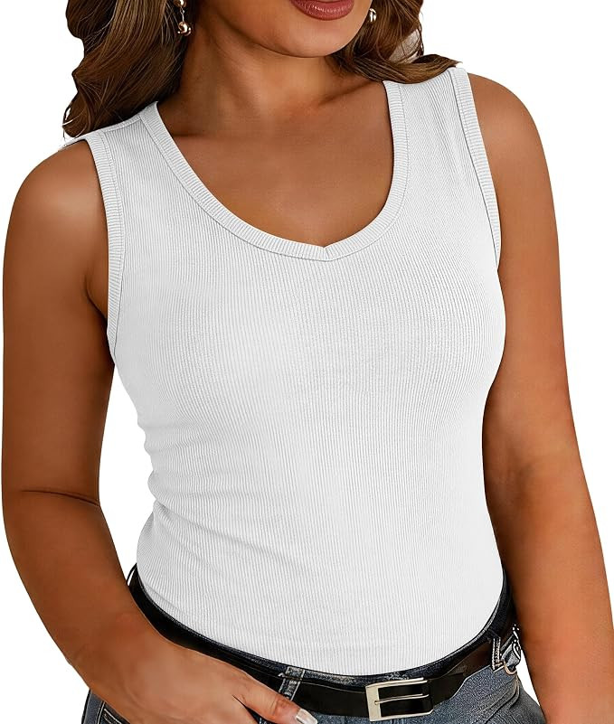 Women's Plus Size Tank Tops Sleeveless V Neck Ribbed Knit Slim Fit Shirt | Amazon (US)