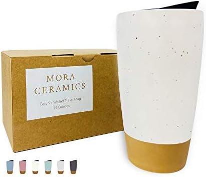Mora Double Wall Ceramic Coffee Travel Mug with Lid, 14 oz, Portable, Microwave, Dishwasher Safe,... | Amazon (US)