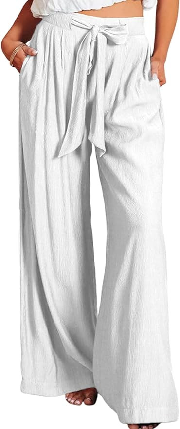 Dokotoo Casual Wide Leg Pants for Women Back Elastic Waist Tie Pants with Pockets | Amazon (US)