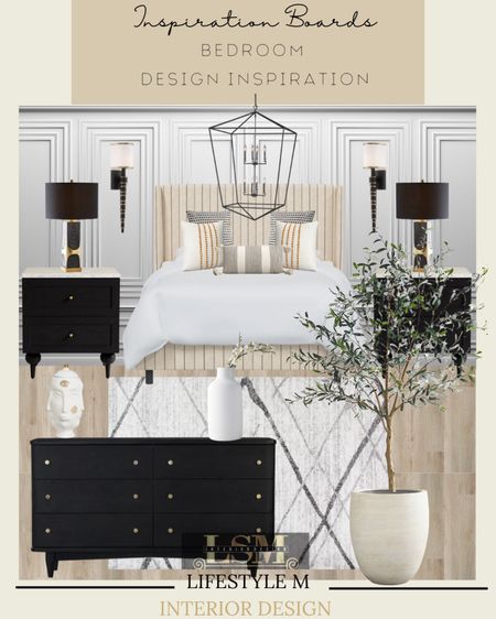 Master bed room design inspiration. Recreate the look by shopping the pieces below. Black dresser, black night stands, white bed room rug, throw pillows, bed, table decor, white table vase, white planters, faux olive tree, wood floor tiles, black table lamps, lantern pendant light, wall sconce light.

#LTKstyletip #LTKSeasonal #LTKhome