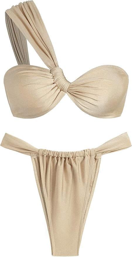 ZAFUL Women's One Shoulder Bikini Twisted Ruched High Cut Bandeau Bikini Set Two Piece Swimsuit | Amazon (US)