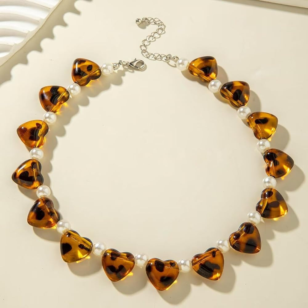 Zian Chunky Acrylic Resin Leopard Print Choker Necklace Vintage Love Heart Square Round Beaded Ne... | Amazon (US)