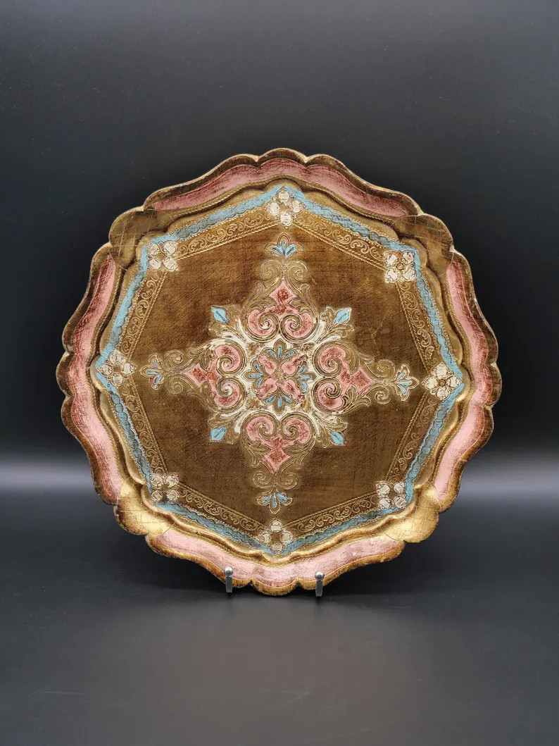 Hand-painted round tray, Florentine tray, 34 cm, Italy, pink and gold | Etsy (Global)