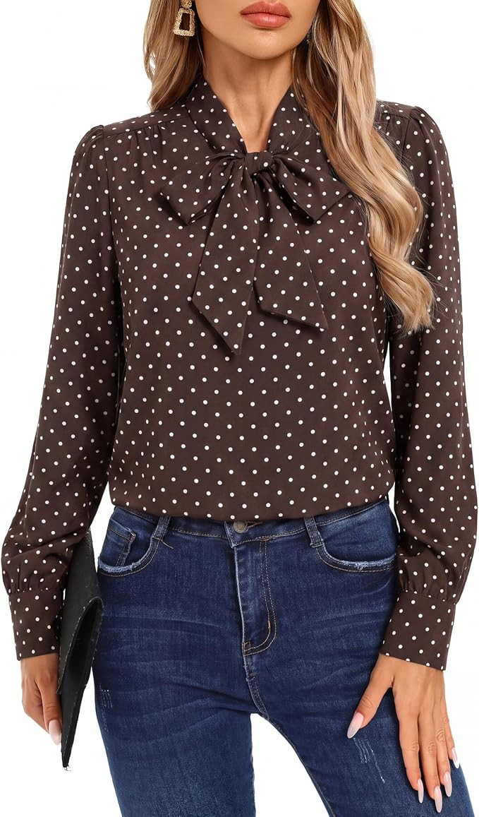 Women Long Sleeve Business Casual Blouse, Dressy Work Bow Tie Neck Tops | Amazon (US)
