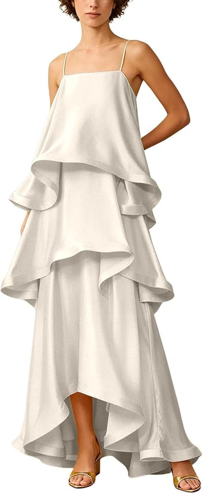Womens Satin Spaghetti Strap Maxi Dress Backless Ruffled Tiered Layered Flowy Dresses Formal Gown... | Amazon (US)