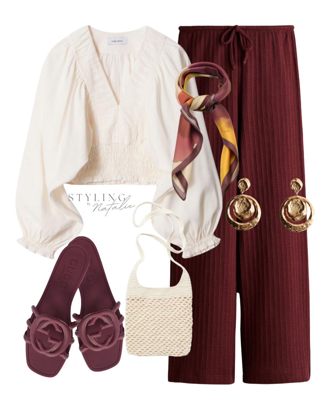 Summer comfy chic 🧡
Flowy cream blouse with ruching at the waist offers a flattering silhouette, perfectly paired with relaxed burgundy ribbed knit pants, burgundy Gucci slides, a woven crossbody tote bag and bold gold statement earrings. Adding a touch if boho chic with a colourful scarf for a pop of vibrance. Laid-back sophistication with a bohemian twist. Vintage style, summer outfit, casual chic, high street style. 

#LTKuk #LTKstyletip #LTKsummer