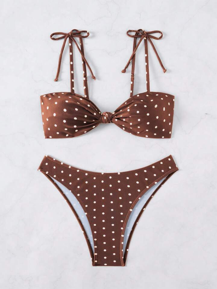 Swim Basics 2pcs Women's Black & White Polka Dot Print Twisted Front Tie Bikini Swimsuit Set, Cas... | SHEIN