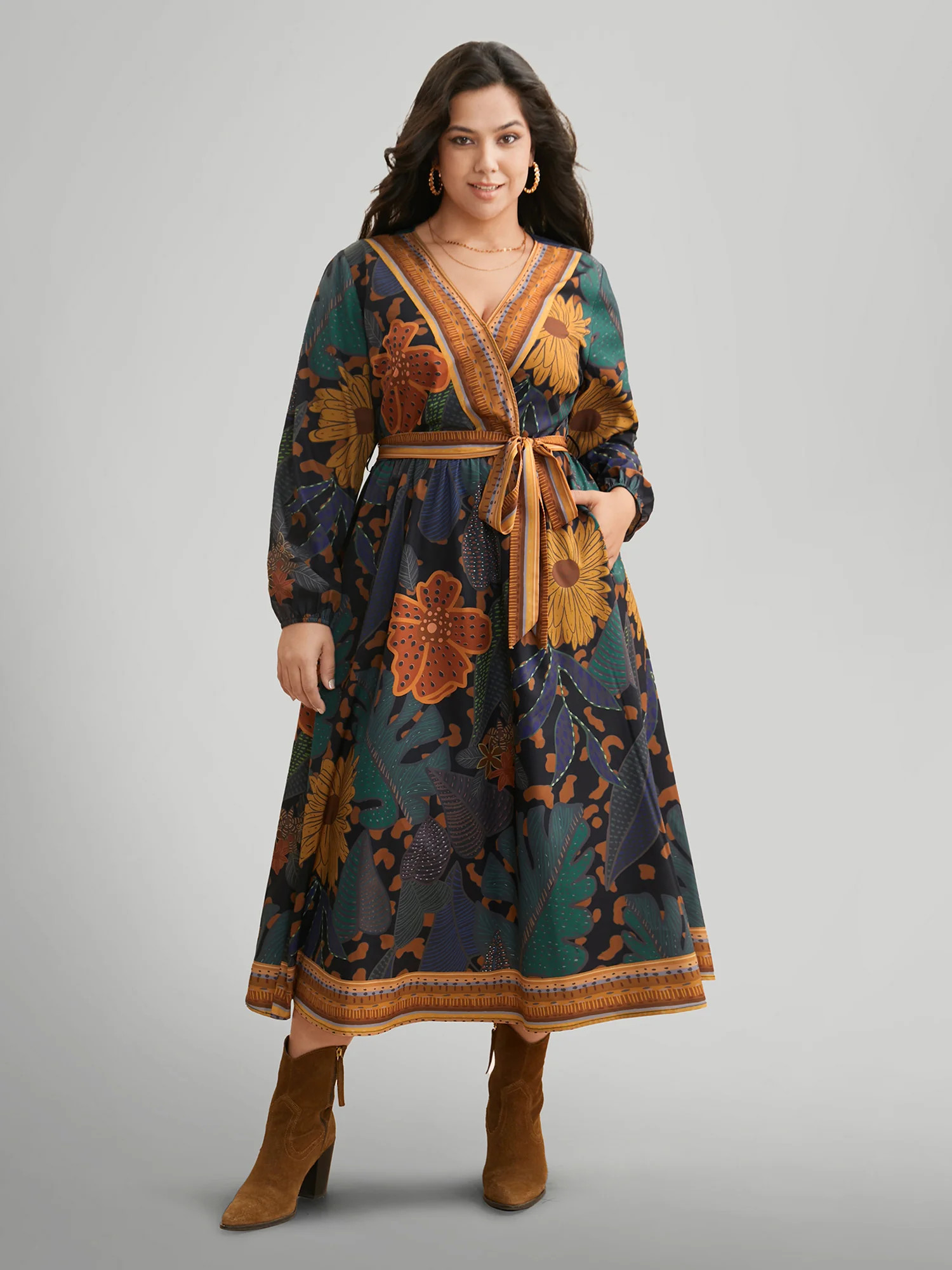 Boho Print Belted Lantern Sleeve Dress | Bloomchic