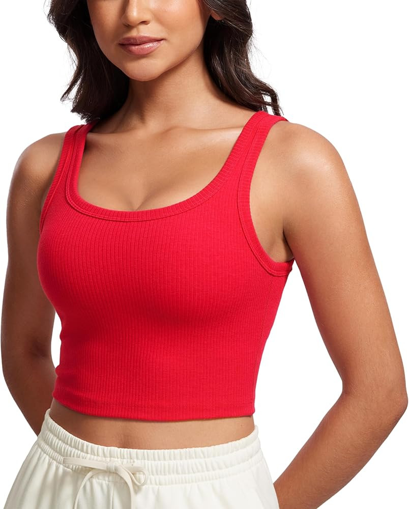 CRZ YOGA Womens Ribbed Longline Sports Bra - U Neck Padded Yoga Bra Workout Crop Tank Top with Bu... | Amazon (US)