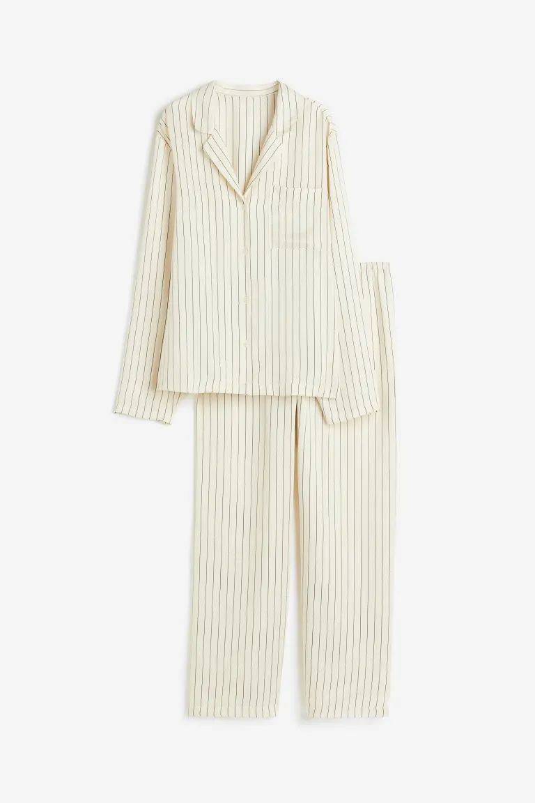 Satin pyjama shirt and bottoms - Cream/Striped - Ladies | H&M GB | H&M (UK, MY, IN, SG, PH, TW, HK)
