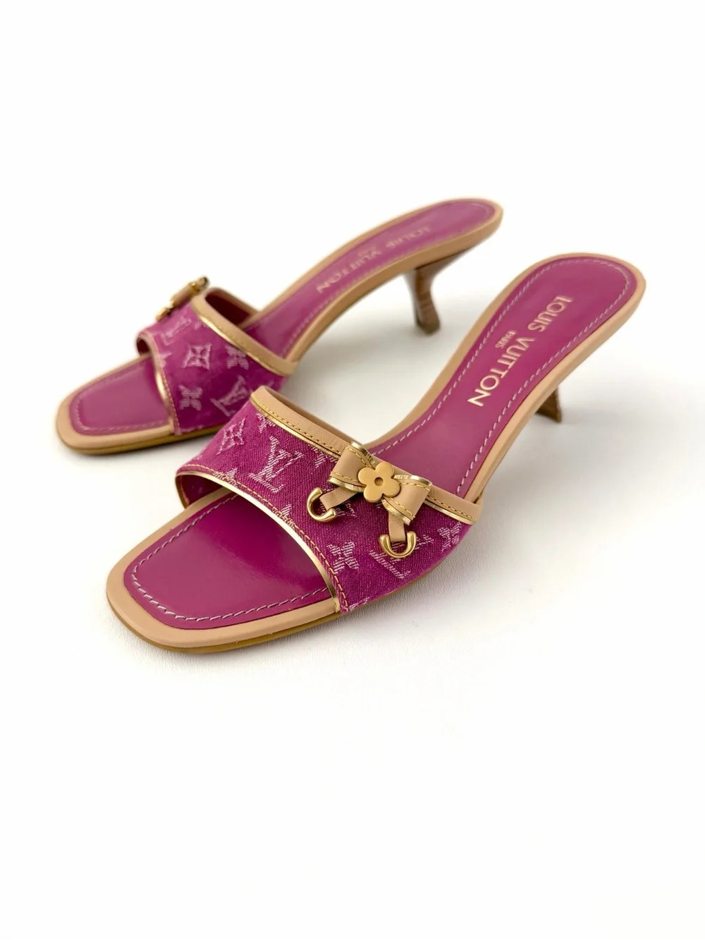 LOUIS VUITTON || Pink Fuchsia Monogram Denim Bow Kitten Heel Mule Sandals 37.5 | Poshmark