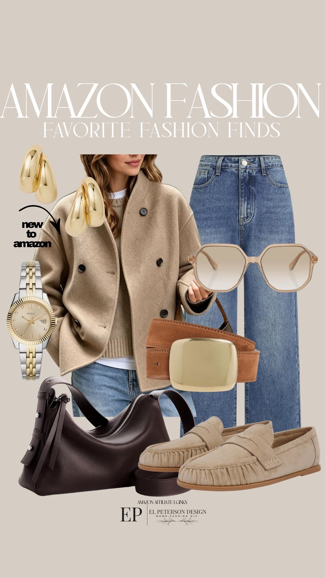 Amazon
Jeans
Jacket
Sunglasses 
Belt
Earrings 
Watch 
Purse