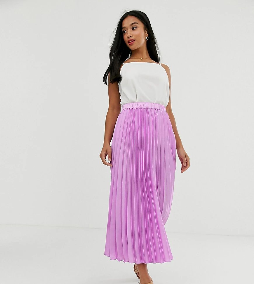 ASOS DESIGN Petite satin pleated column midi skirt-Pink | ASOS (Global)