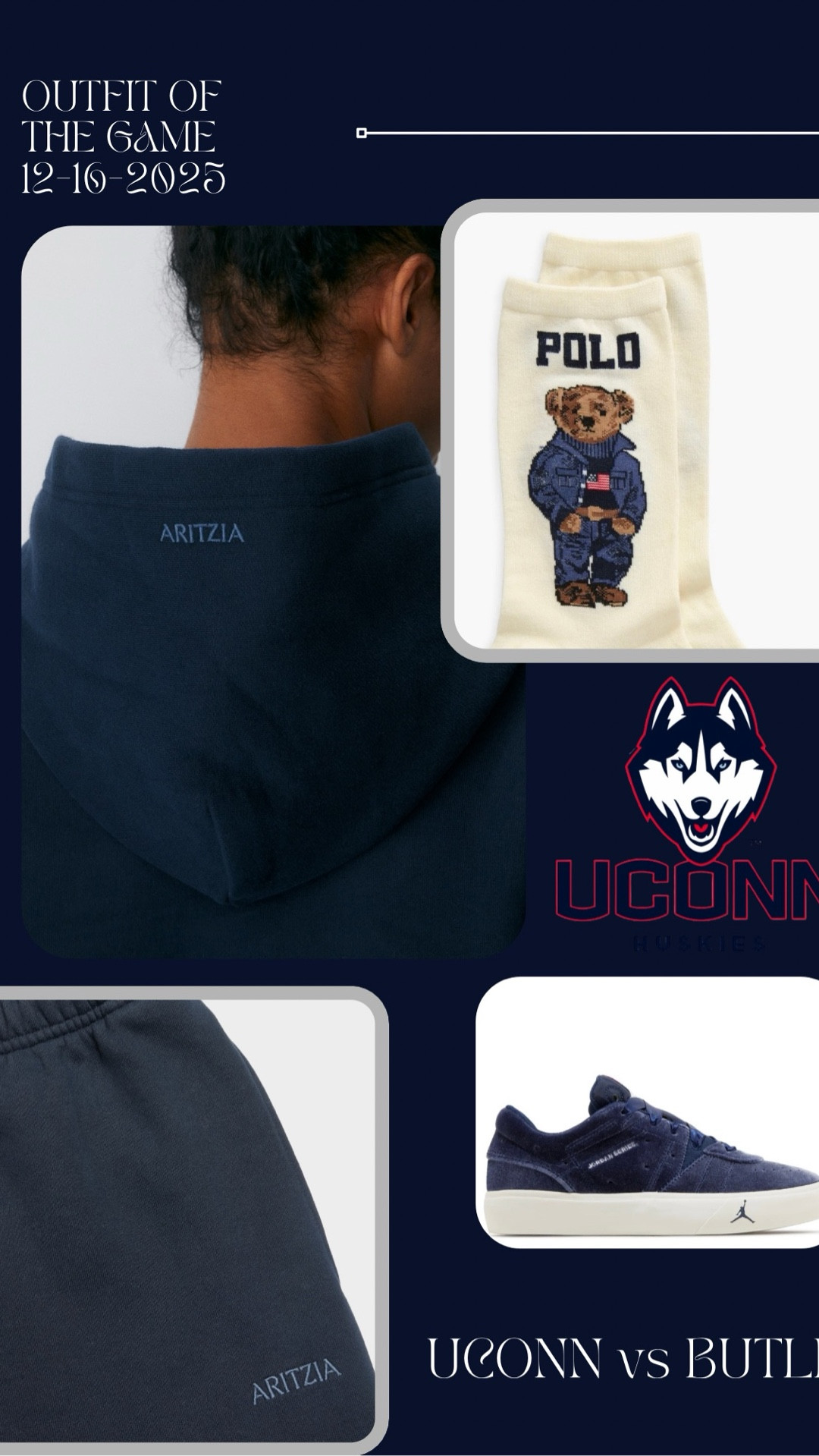 OOTG 12/16/25 
Game day but make it cute and comfy 💙🏀

Hoodie // Aritzia Cozy Sweatfllece Perfect Hoodie in admiral 
Sweatpants // Aritzia Cozy Sweatfleece Mega  Jogger in admiral 
Socks // Ralph Lauren Americana Bear Socks
Sneaks // Jordan 0.1 SE in Velvet Midnight Navy 

Shopping this look gives back to Connecticut Children’s Medical Center ❤️

#LTK #StyleForACause #uconnhuskies #OOTG #Jordan #aritzia #polobyralphlauren #LTKOOTD #LTKgrwm #gamedayfits