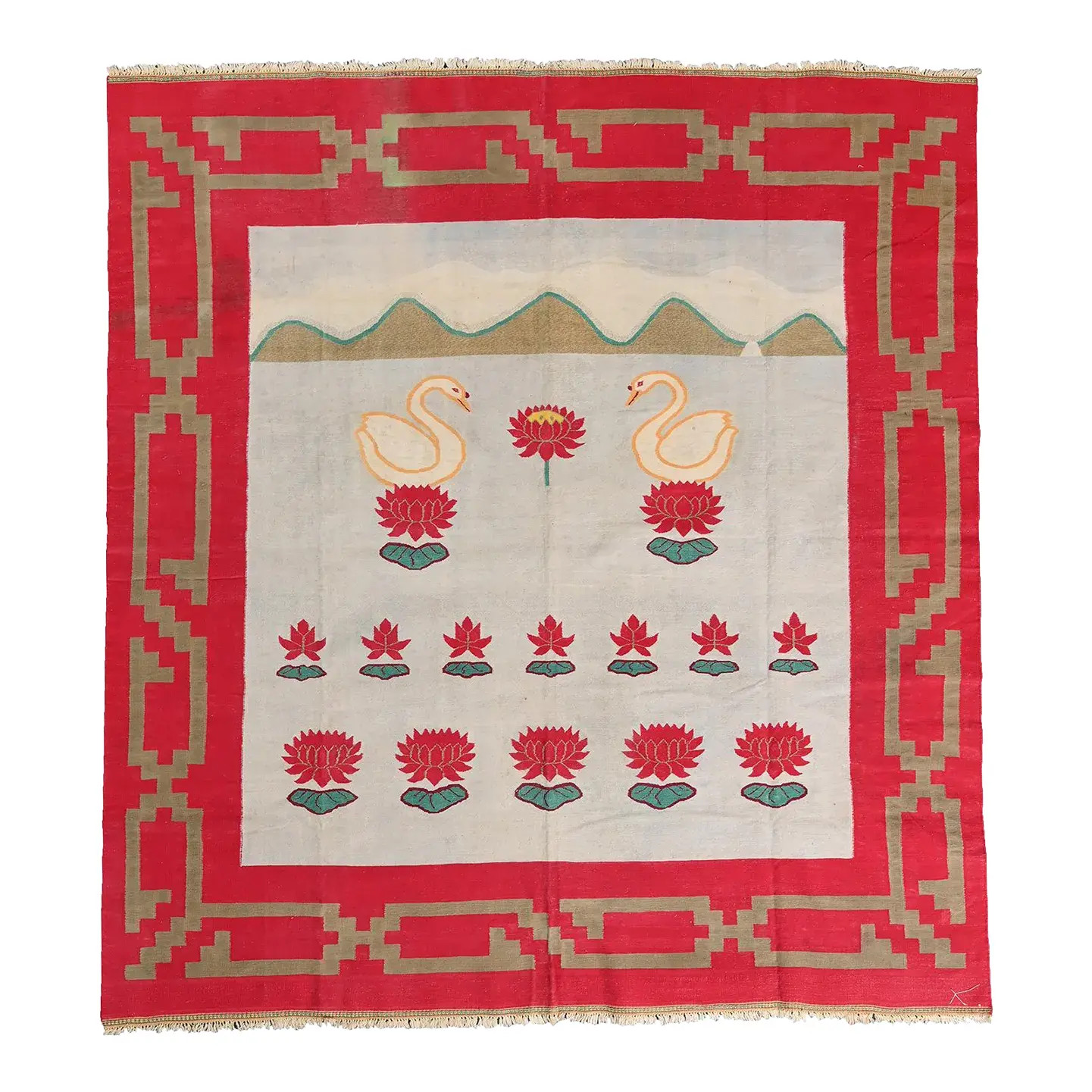 1950s Vintage Dhurrie Flat Weave in in Red and Blue With Swan Pictorials by Rug & Kilim | Chairish