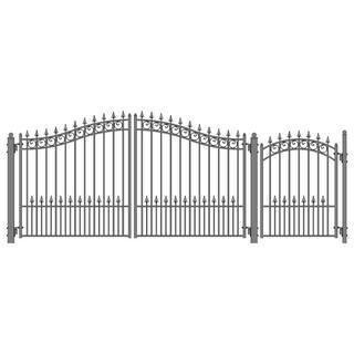 Prague Style 14 ft. x 6 ft. with Pedestrian Gate Black Steel Swing Dual Driveway Fence Gate | The Home Depot
