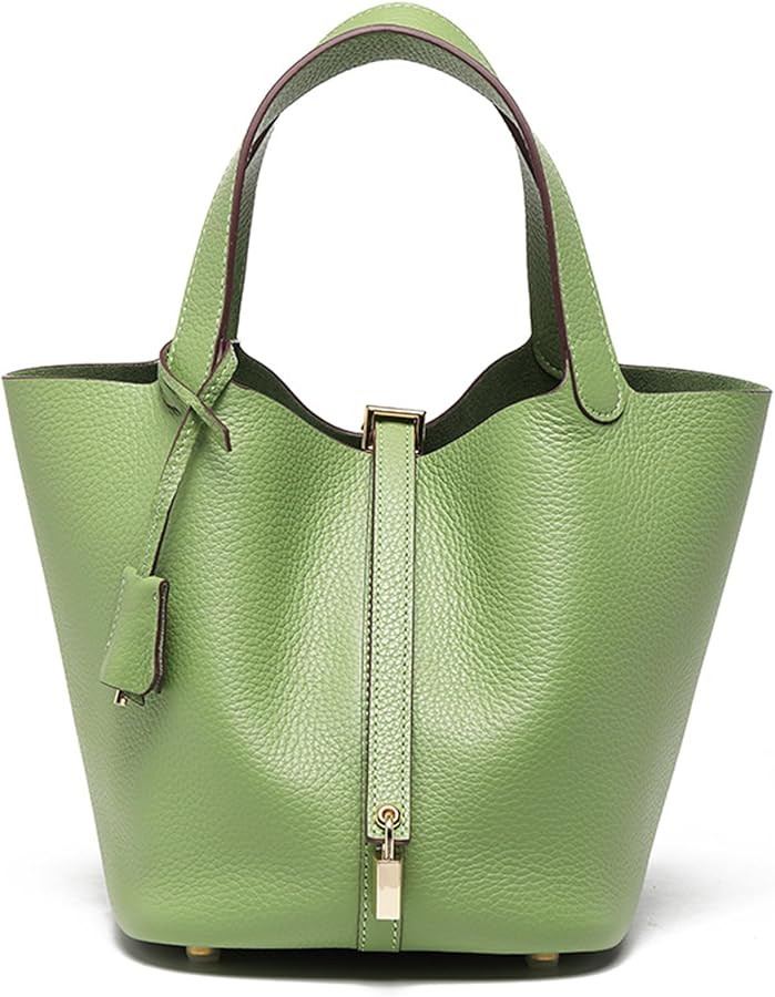 Genuine Leather Soft Bucket Bag for Women Fashion Lock Design Handbags Vegetable Basket Satchel w... | Amazon (US)