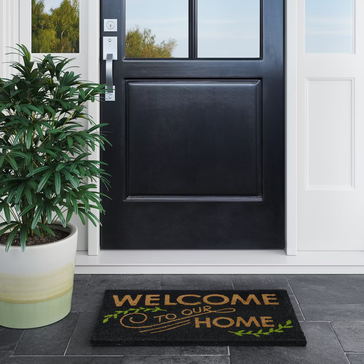 1'6"x2'6"/18"x30" Welcome to our Home Doormat Black - Threshold™: Outdoor Coir & Latex Front Ma... | Target