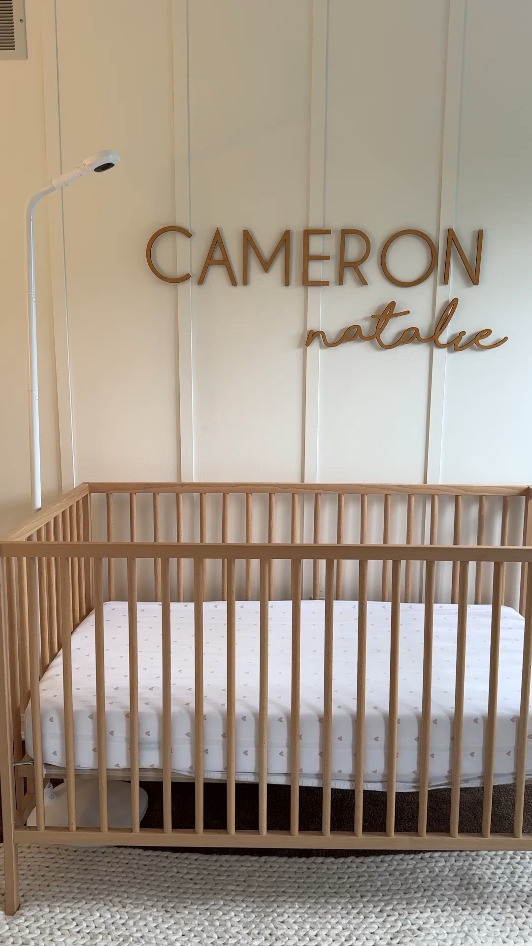 Nursery name sign details. This is the 36 inch sign with the first name in caviar, and middle name in shorelines. The stain color is golden pecan 🫶 

#LTKVideo #LTKBaby #LTKHome