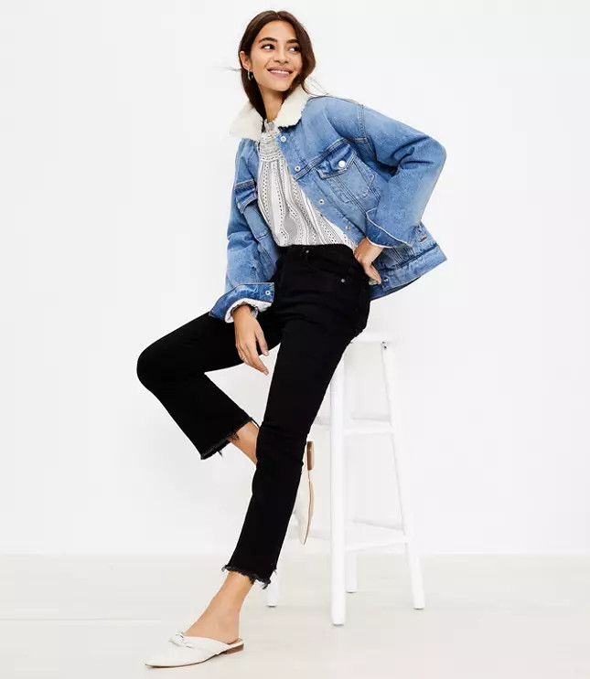 Back Slit High Rise Kick Crop Jeans in Washed Black Wash | LOFT | LOFT